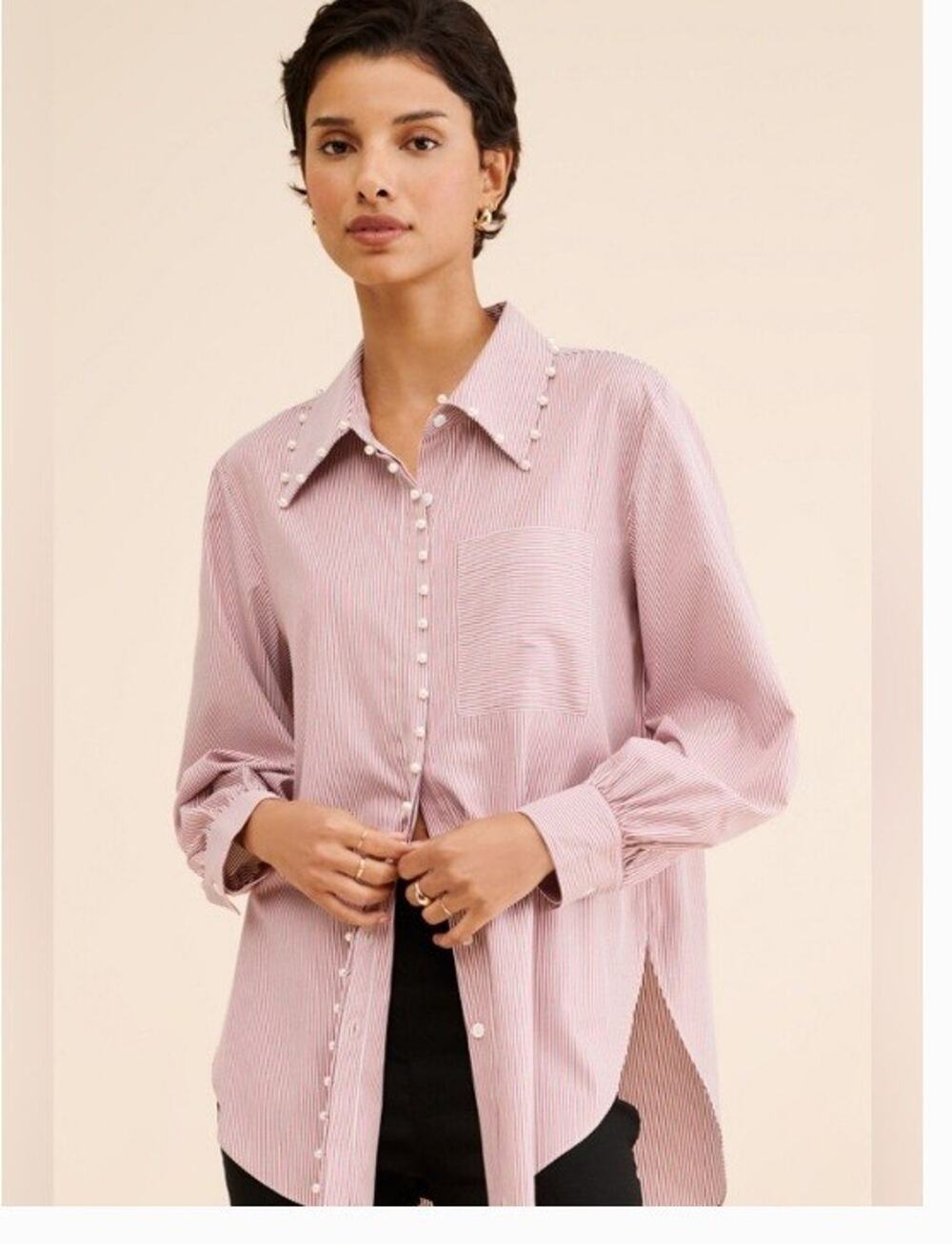 Anthropologie Mare Mare Sz M Pearl Embellished Maroon Striped Button-Down Shirt